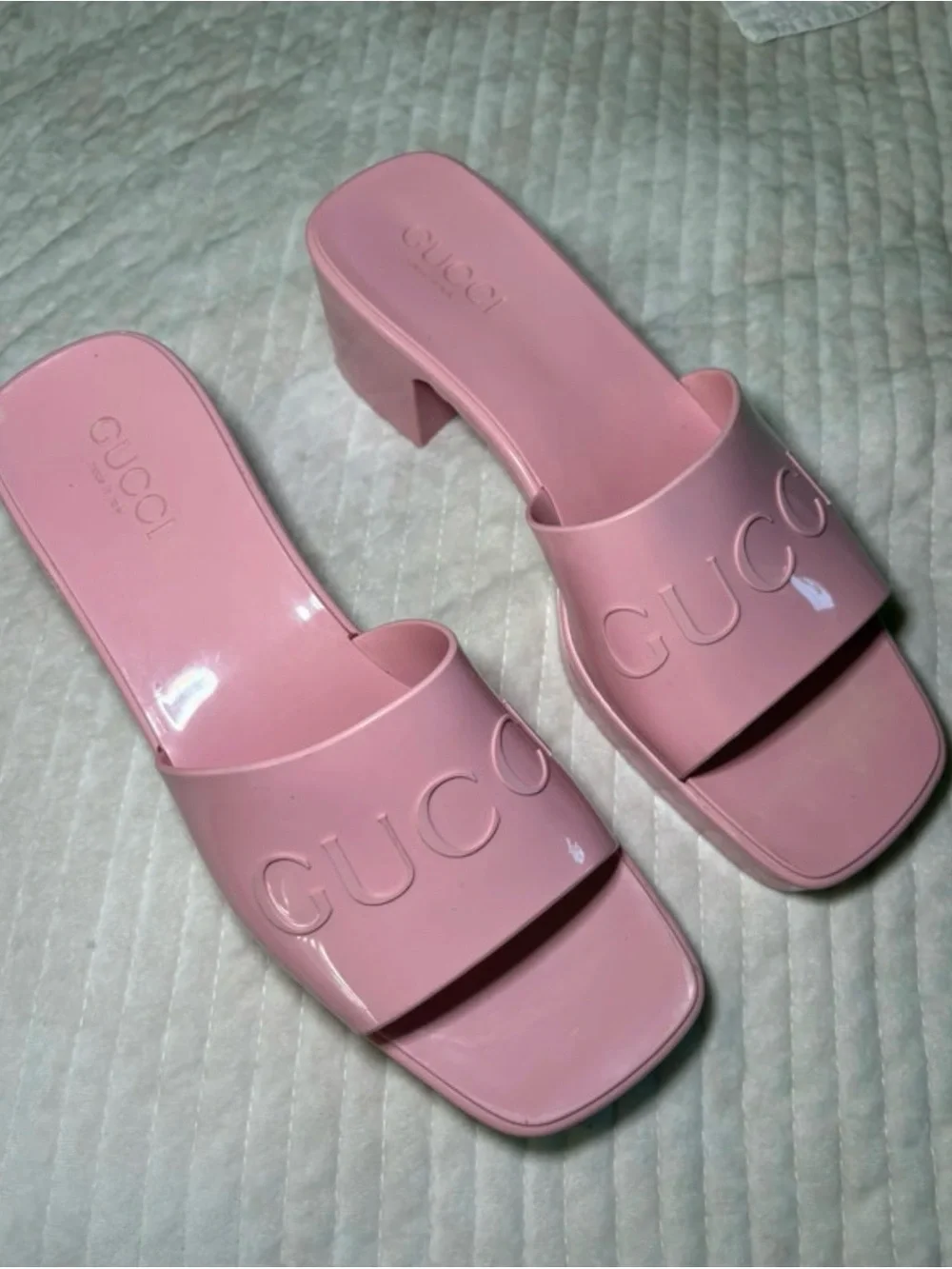 Gucci Rubber Platform Sandals Womens 40/9 Pink Block Heel Mules Slides Shoes